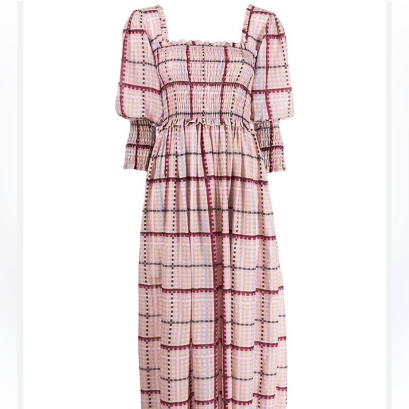 GANNI RUCHED SEERSUCKER PLAID DRESS PINK - Picture 2 of 2